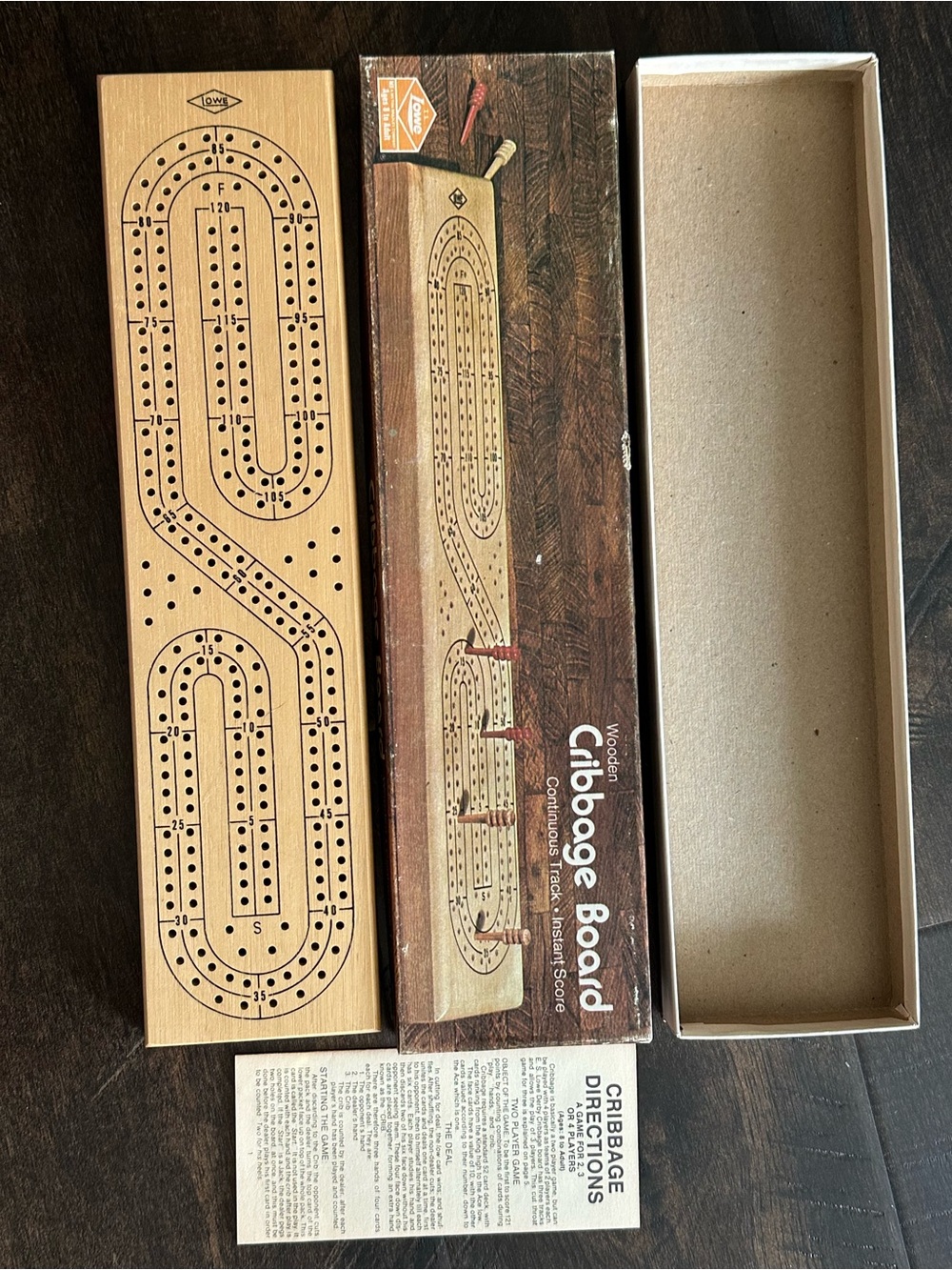 1974 Wooden Cribbage Board - original box and instructions